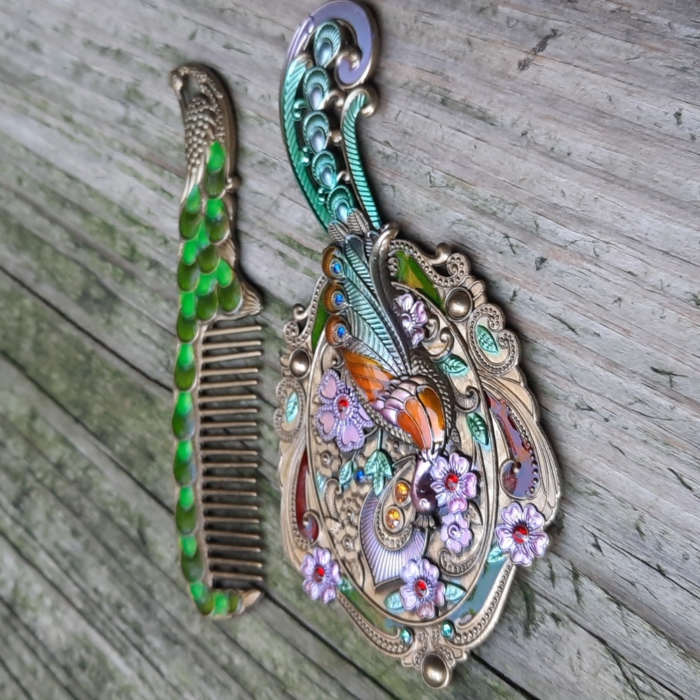 Guided Metal vintage feel peacock jeweled comb and mirror set